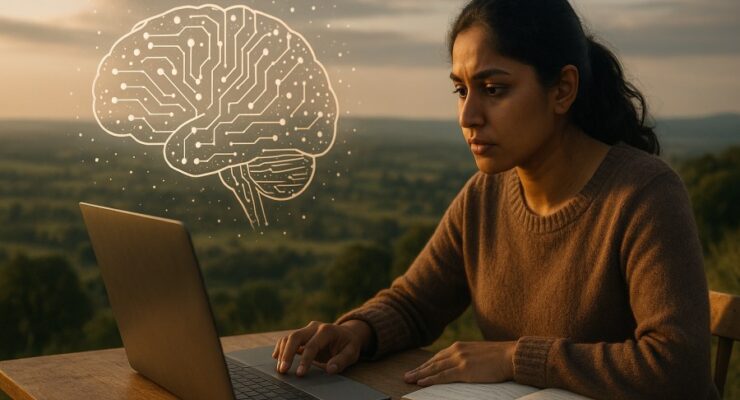 Person working on a computer while addressing brain data compression