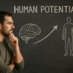 A thoughtful man contemplating human potential as consciousness evolves from brain activity to self-aware development.