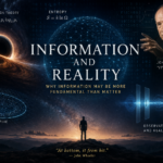 Information and Reality featured image showing a black hole, information theory equations, the Holographic Principle, John Wheeler's It From Bit concept, and the relationship between information and physical reality.