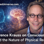Dr Lawrence Krauss discussing consciousness and the nature of physical reality against a cosmic background