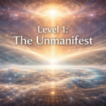 Cosmic layered artwork titled Level 1: The Unmanifest featuring radiant light, quantum grid patterns, and a luminous horizon symbolizing foundational potential.