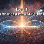 Artwork titled Level 2: The Measurement Boundary showing intersecting quantum wave patterns collapsing into a bright point of light under observation.