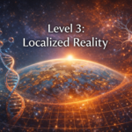 Artwork titled Level 3: Localized Reality showing a structured cityscape emerging from cosmic geometry, symbolizing spacetime and embodiment.