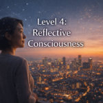 Level 4 Reflective Consciousness artwork showing a woman overlooking a structured city skyline at dusk, symbolizing awareness, meaning, and ethical reflection.