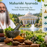 Maharishi Mahesh Yogi with Ayurvedic herbs, traditional health tools, and Maharishi International University representing Maharishi Ayurveda and Vedic natural health.