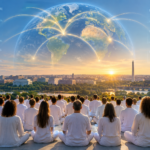 Large group meditating together with a glowing Earth and social trend graphics representing the Maharishi Effect and collective consciousness.