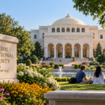 Maharishi International University campus with students, meditation-inspired learning, and Consciousness-Based Education imagery.