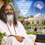 Maharishi Mahesh Yogi with Vedic texts, meditation, Maharishi International University, and symbolic imagery of pure consciousness and natural law.