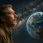 A realistic portrait of a man looking toward Earth and the Milky Way in a star-filled sky, symbolizing humanity’s connection to the cosmos.
