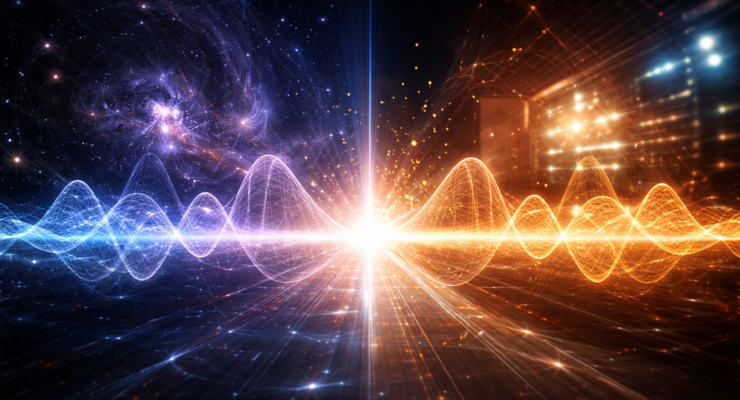Visualization of the quantum measurement boundary where wave function probabilities collapse into observable physical reality.