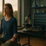 Person working on a computer while addressing meditation research