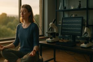 Person working on a computer while addressing meditation research