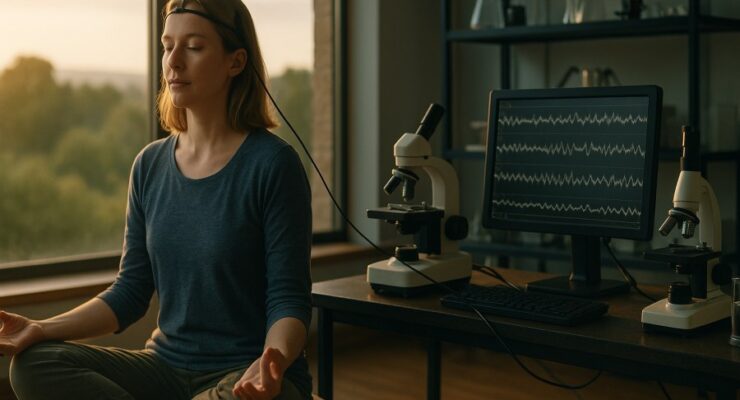 Person working on a computer while addressing meditation research