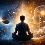 Person meditating between quantum physics and consciousness visualization representing observer-centered reality and the measurement boundary.