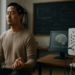 Person working on a computer while addressing meditation research