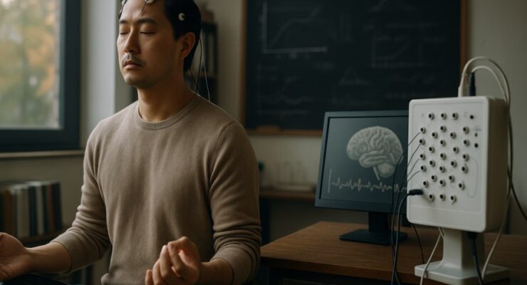 Person working on a computer while addressing meditation research