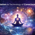 Meditative figure with scientific and contemplative imagery representing meditation as a technology of consciousness and method of inquiry.