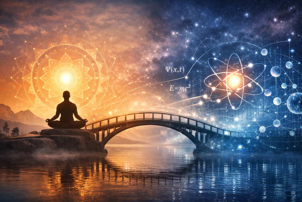 Meditative figure and scientific equations connected by a bridge symbolizing the methodological comparison between traditional knowledge and modern science