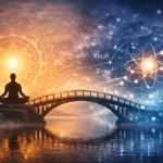 Meditative figure and scientific equations connected by a bridge symbolizing the methodological comparison between traditional knowledge and modern science