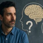 A thoughtful man beside a brain illustration symbolizing the mind–body problem and the mystery of conscious experience