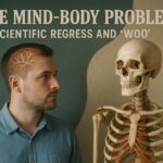 Realistic photograph of a man contemplating a human skeleton model, illustrating the scientific debate over the mind-body problem and consciousness.