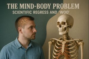 Realistic photograph of a man contemplating a human skeleton model, illustrating the scientific debate over the mind-body problem and consciousness.