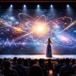 Theater performer on a modern stage engaging an audience as light and space suggest a quantum-inspired, participatory reality.