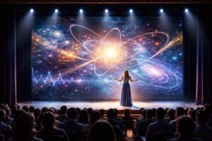 Theater performer on a modern stage engaging an audience as light and space suggest a quantum-inspired, participatory reality.