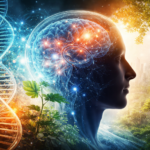 scientific illustration of a human mind showing the interaction between genetics, neural networks, and environmental influences in the nature versus nurture debate.