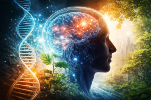 scientific illustration of a human mind showing the interaction between genetics, neural networks, and environmental influences in the nature versus nurture debate.