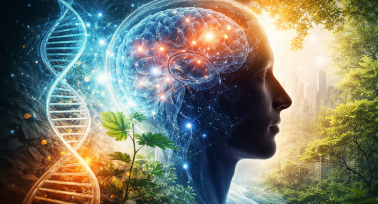 scientific illustration of a human mind showing the interaction between genetics, neural networks, and environmental influences in the nature versus nurture debate.