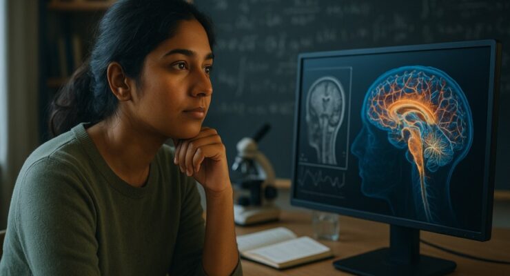 Person working on a computer while addressing neural correlates of consciousness