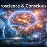 Neuroscience & Consciousness banner showing a human brain with illuminated neural networks and brainwave patterns in a wide scientific landscape.