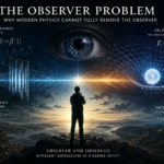 Conceptual illustration of the observer problem in modern physics showing quantum measurement, relativity, information, and the relationship between observer and observed.