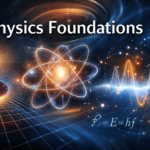 Physics Foundations banner showing spacetime curvature, atomic structure, quantum waveforms, and energy fields in a wide cosmic landscape.