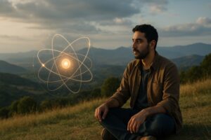 Person working on a computer while addressing quantum consciousness