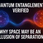 Quantum entanglement illustrated as two interconnected particles showing space as an illusion of separation