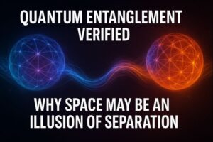 Quantum entanglement illustrated as two interconnected particles showing space as an illusion of separation