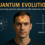 A realistic human face with quantum symbols and DNA imagery representing the connection between quantum mechanics, observation, and evolution.