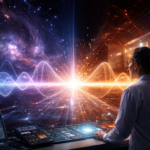 Scientist observing quantum wave collapse at the measurement boundary where probabilities become physical reality.