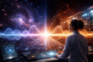 Scientist observing quantum wave collapse at the measurement boundary where probabilities become physical reality.