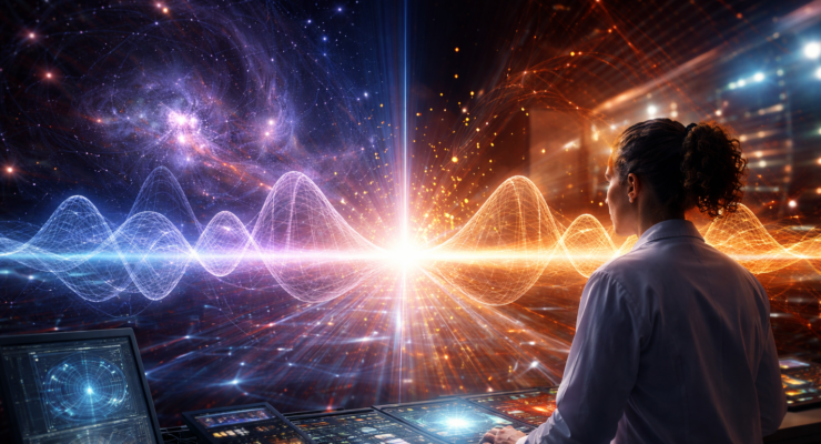 Scientist observing quantum wave collapse at the measurement boundary where probabilities become physical reality.