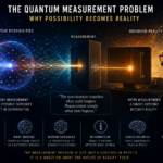 Quantum measurement problem illustration showing the transition from quantum possibilities to observed reality and the role of the observer.