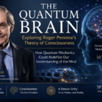 Sir Roger Penrose with a conceptual illustration of the quantum brain, Orch-OR theory, and quantum mechanics exploring the relationship between consciousness and the physical universe.