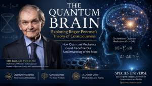 Sir Roger Penrose with a conceptual illustration of the quantum brain, Orch-OR theory, and quantum mechanics exploring the relationship between consciousness and the physical universe.
