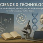 A detailed, realistic illustration merging a chalkboard of quantum equations, a DNA helix, a microscope, an advanced robot, and the Om symbol to represent the integration of physics, evolution, and ancient wisdom.