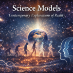 Science Models banner showing Earth surrounded by cosmic structures, DNA, atomic symbols, evolutionary silhouettes, and neural patterns.