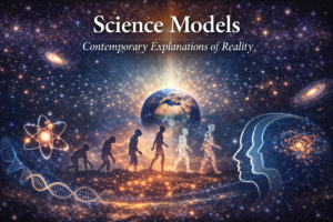 Science Models banner showing Earth surrounded by cosmic structures, DNA, atomic symbols, evolutionary silhouettes, and neural patterns.