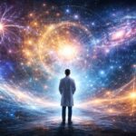 Person observing a cosmic quantum landscape symbolizing the unity of consciousness and physical reality beyond materialism.