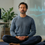 Man meditating in a research setting with EEG and physiological data representing scientific studies of Transcendental Meditation.